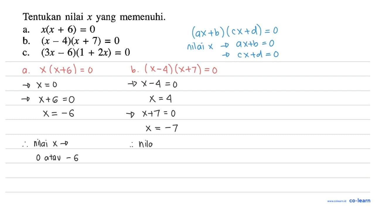 Tentukan nilai x yang memenuhi. a. x(x+6)=0 b. (x-4)(x+7)=0