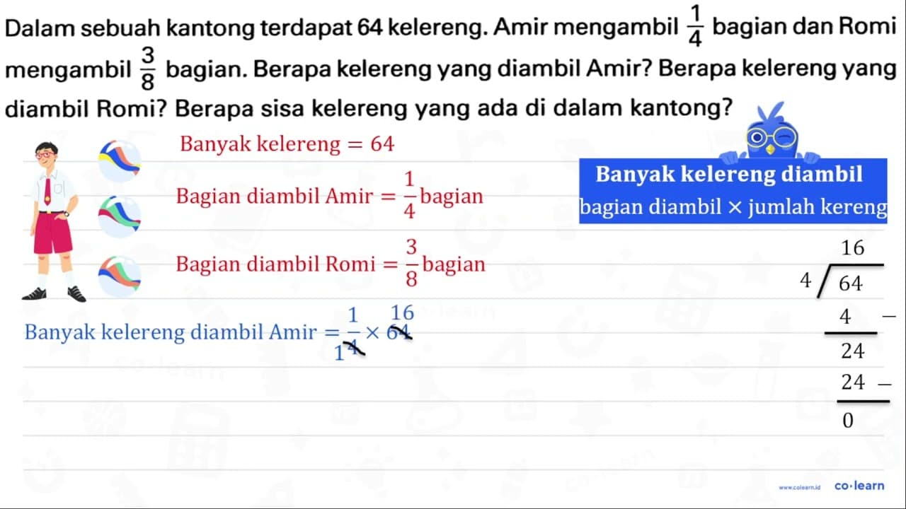 Dalam sebuah kantong terdapat 64 kelereng. Amir mengambil