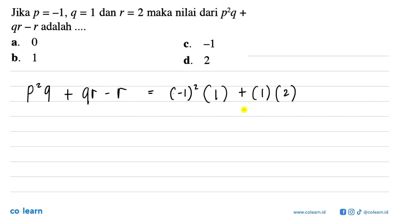 Jika p=-1, q=1 dan r=2 maka nilai dari p^2q+qr-r adalah