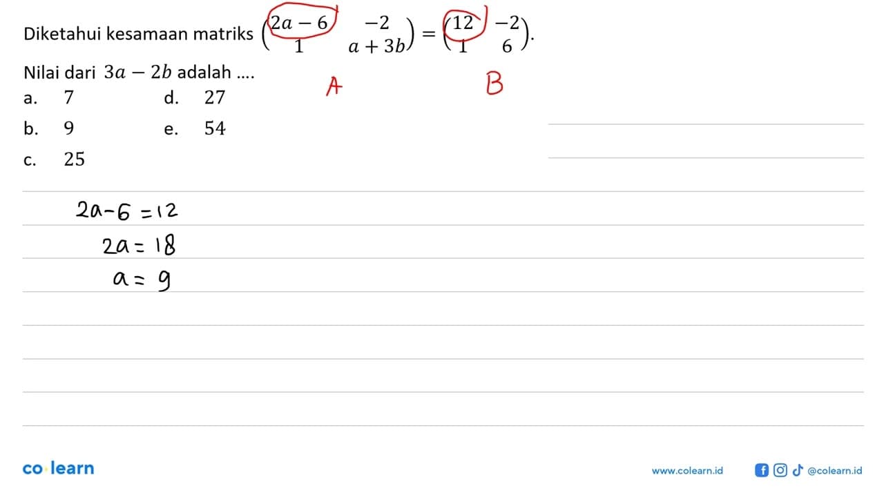 Diketahui kesamaan matriks (2a-6 -2 1 a+3b)=(12 -2 1 6).