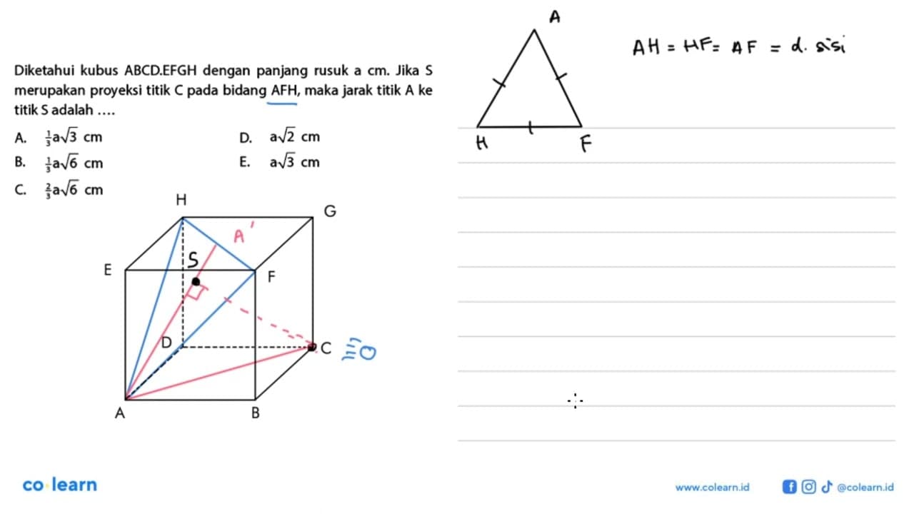 Diketahui kubus ABCD.EFGH dengan panjang rusuk a cm. Jika S