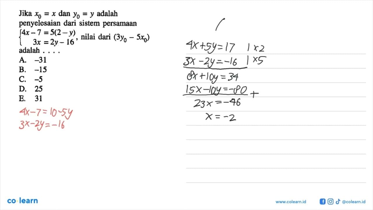 Jika x0 = x dan y0 = y adalah penyelesaian dari sistem