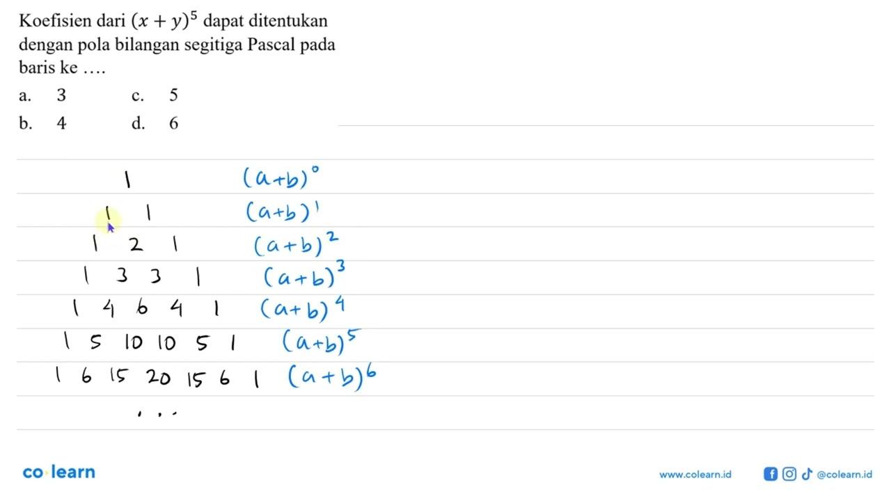 Koefisien dari (x + y)^5 dapat ditentukan dengan pola