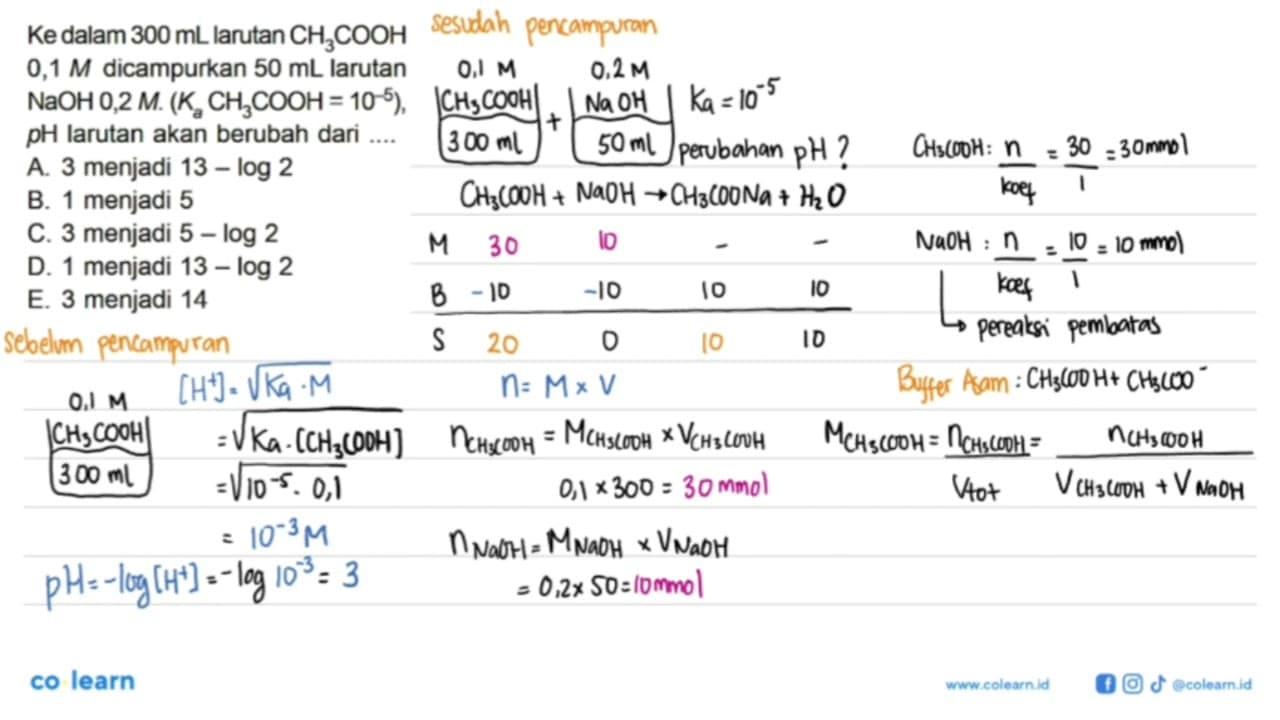Ke dalam 300 mL larutan CH3 COOH 0,1 M dicampurkan 50 mL