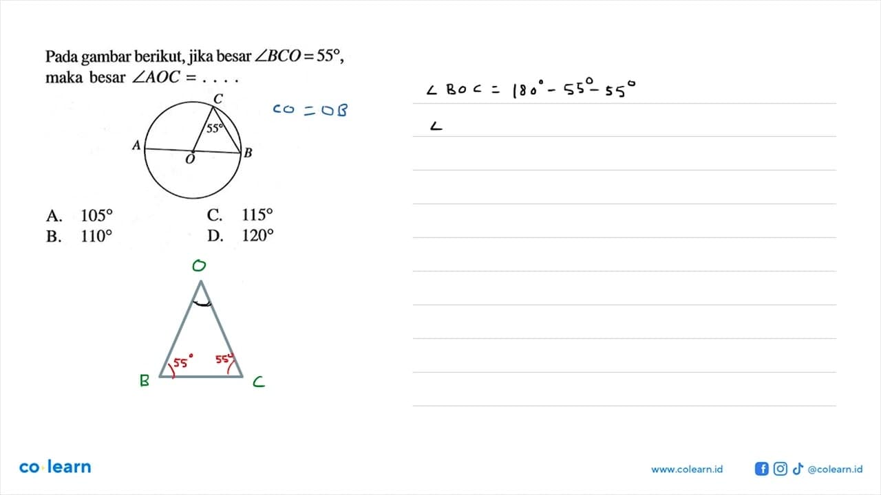 Pada gambar berikut, jika besar sudut BCO=55, maka besar