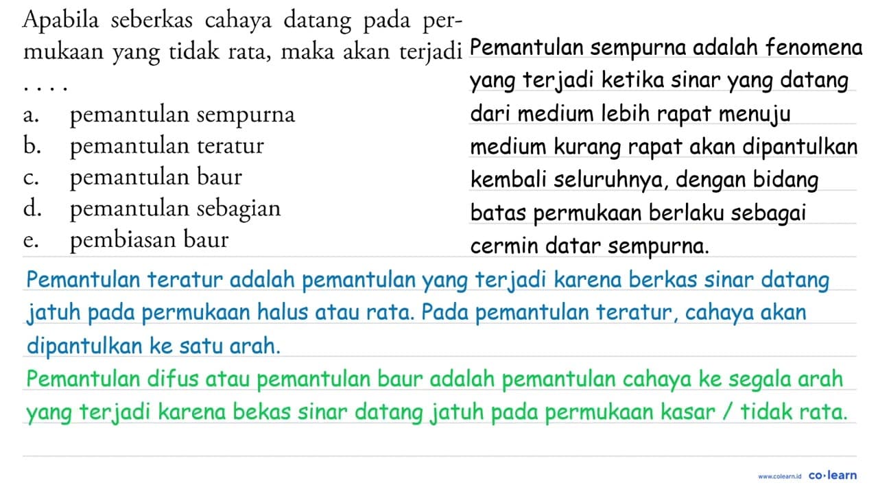 Apabila seberkas cahaya datang pada permukaan yang tidak