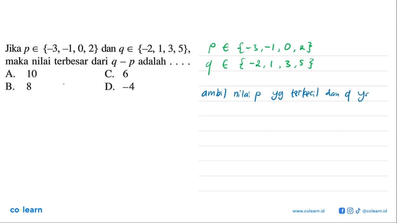 Jika p anggota {-3, -1, 0, 2} dan q anggota {-2, 1, 3, 5} ,