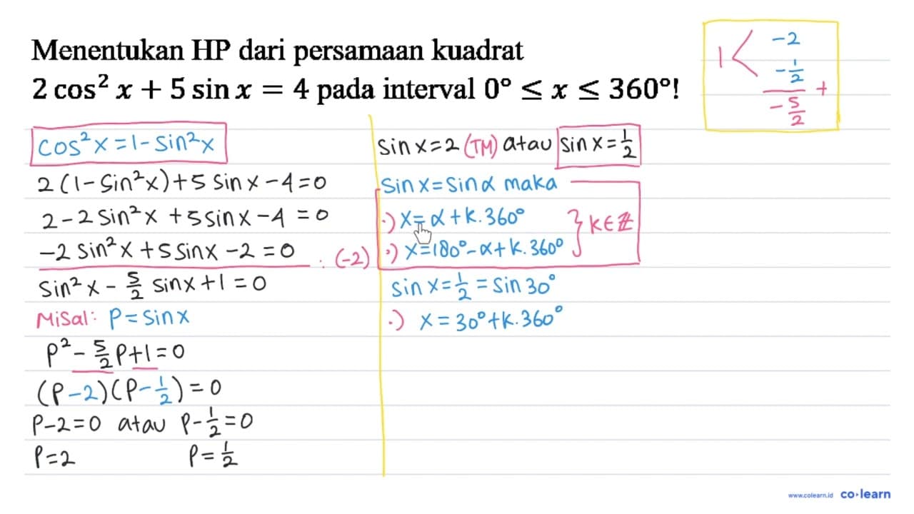 Menentukan HP dari persamaan kuadrat 2cos^2 x+5sin x=4 pada