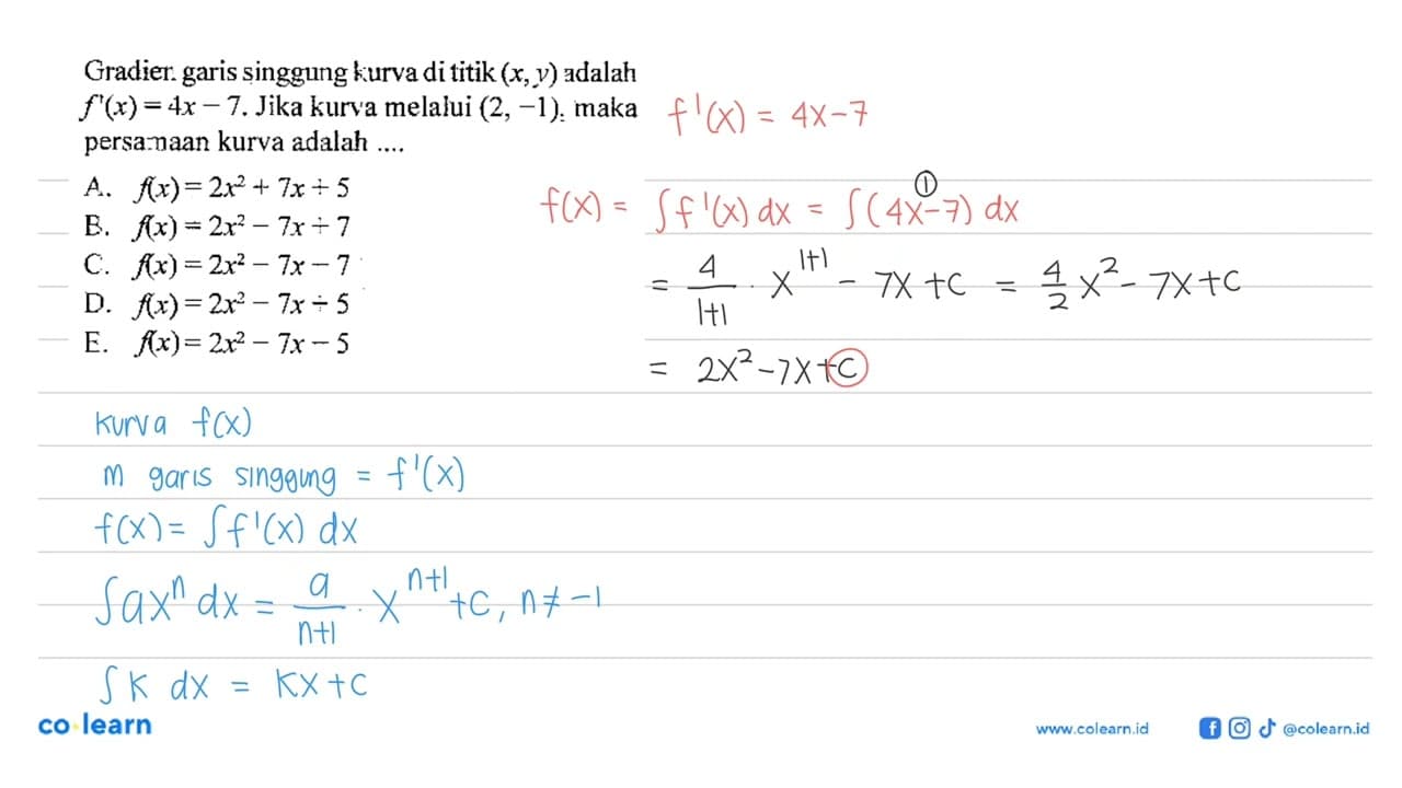 Gradien garis singgung kurva di titik (x,y) adalah