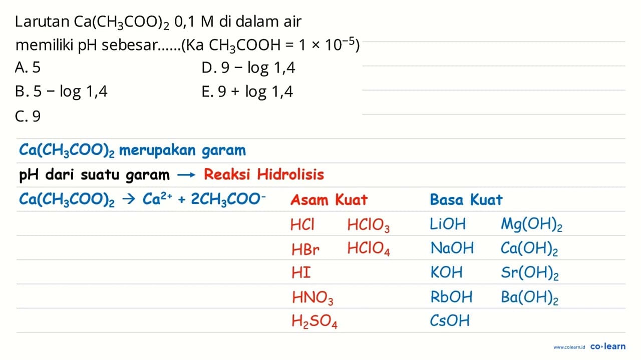 Larutan Ca(CH_(3) COO)_(2) 0,1 M di dalam air memiliki pH