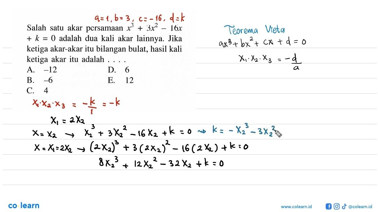 Salah akar persamaan x^3+3x^2-16x+k=0 adalah dua kali akar