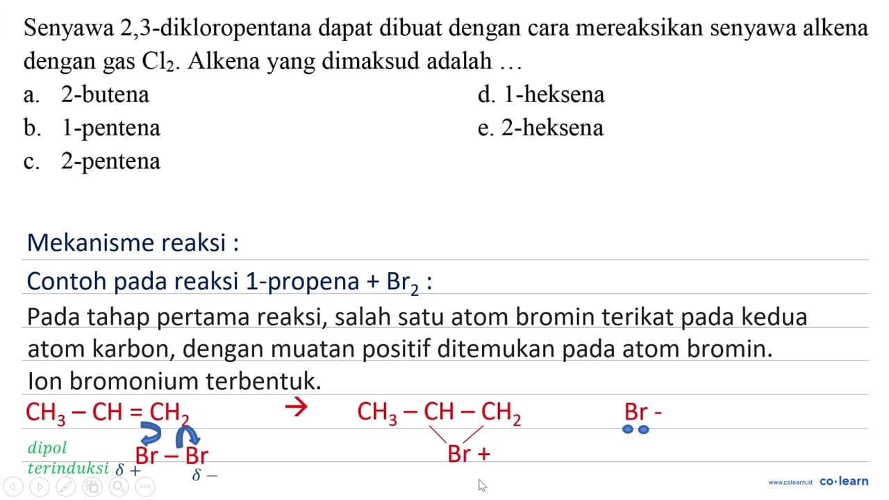 Senyawa 2,3-dikloropentana dapat dibuat dengan cara