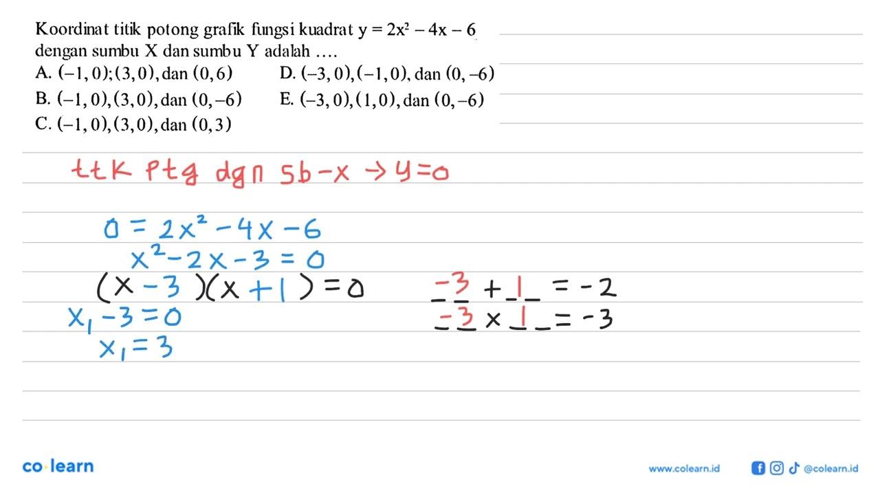 Koordinat titik potong grafik fungsi kuadrat y=2x^2-4x-6