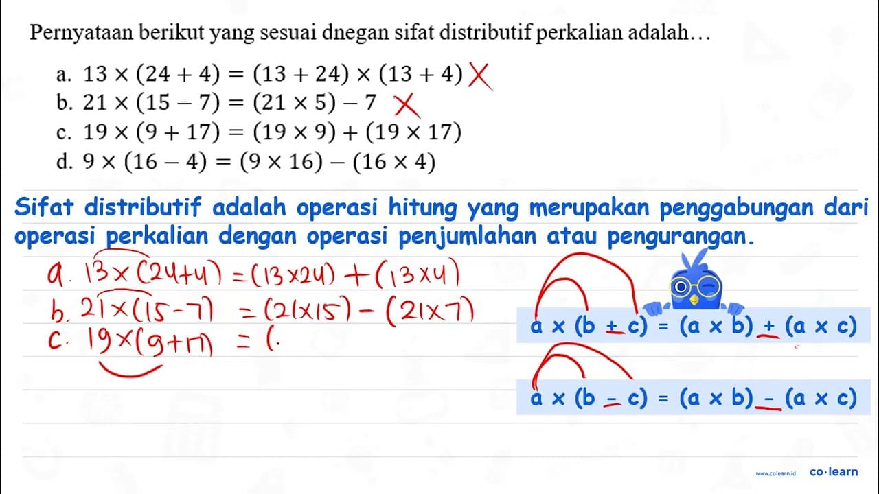 Pernyataan berikut yang sesuai dnegan sifat distributif