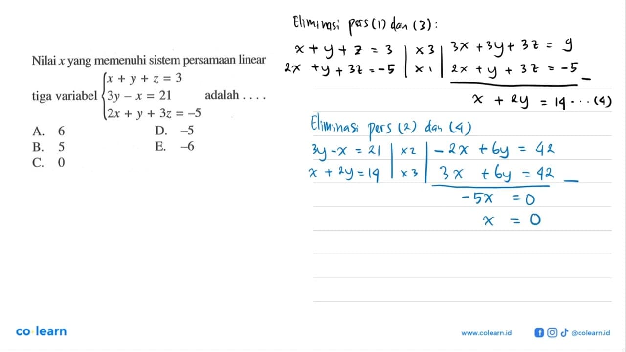 Nilai x yang memenuhi sistem persamaan linear tiga variabel