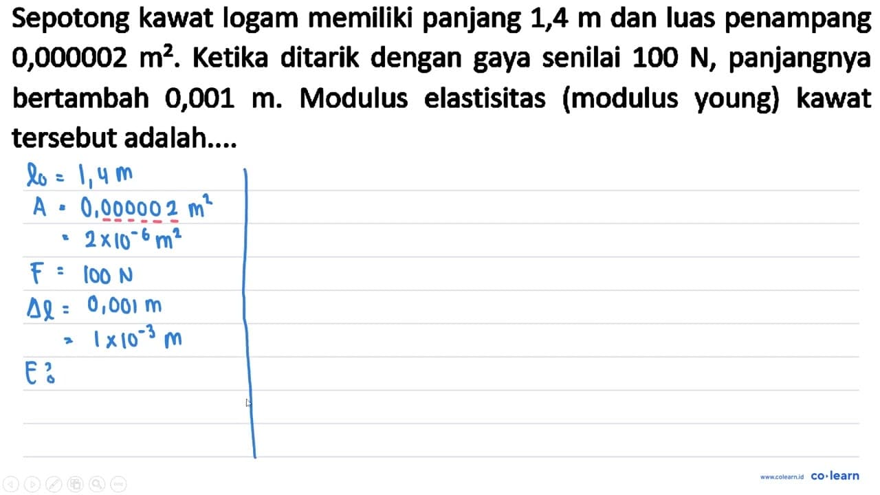 Sepotong kawat logam memiliki panjang 1,4 m dan luas