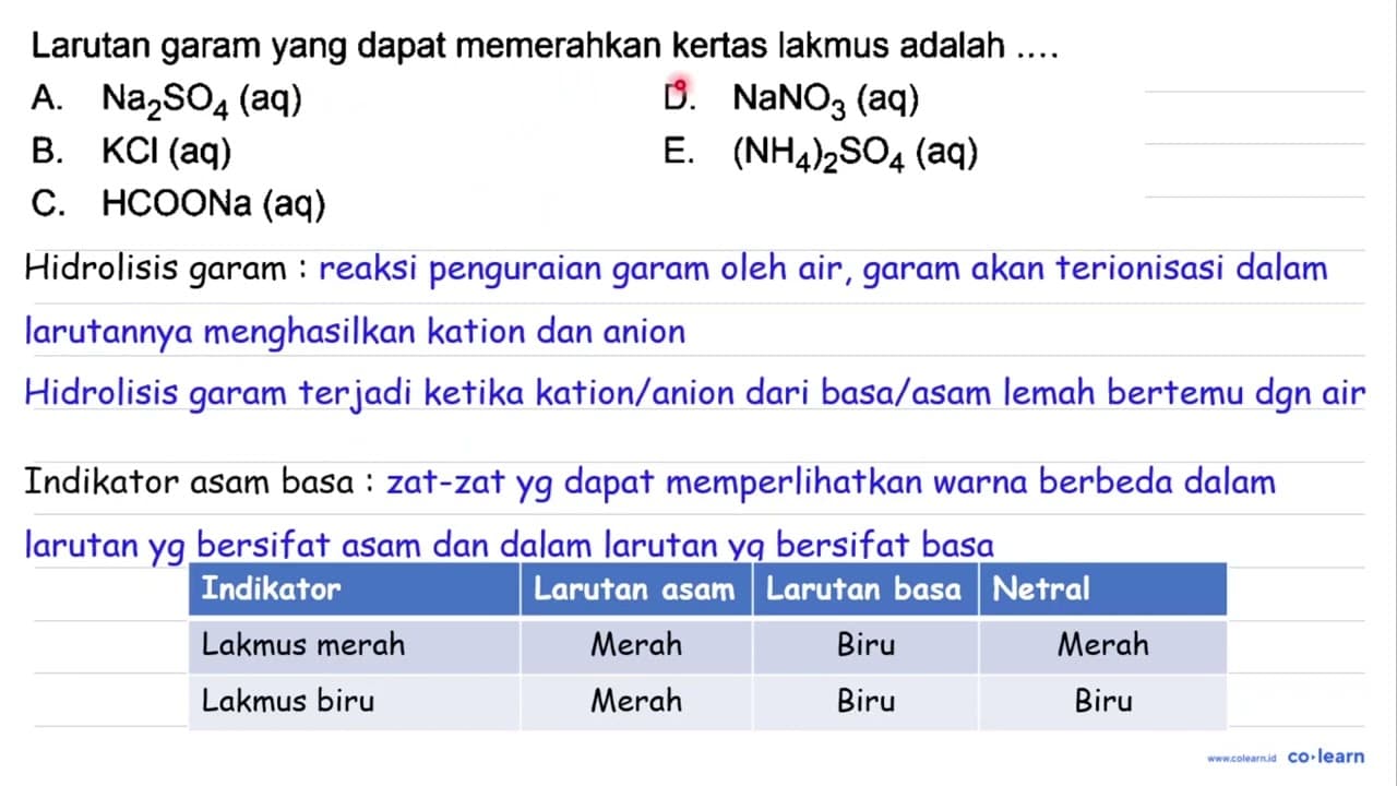 Larutan garam yang dapat memerahkan kertas lakmus adalah