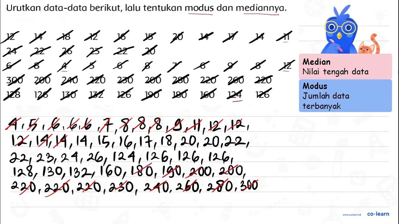 Urutkan data-data berikut, lalu tentukan modus dan