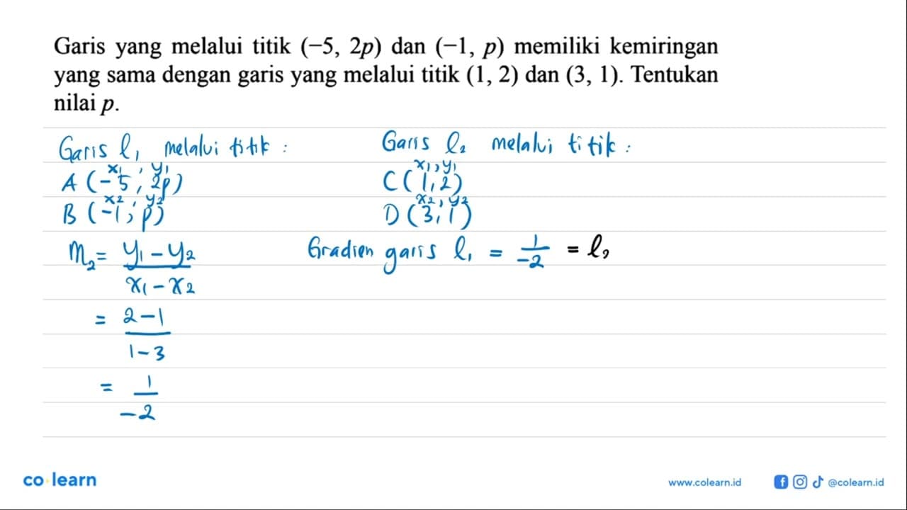 Garis yang melalui titik (-5, 2p) dan (-1, p) memiliki