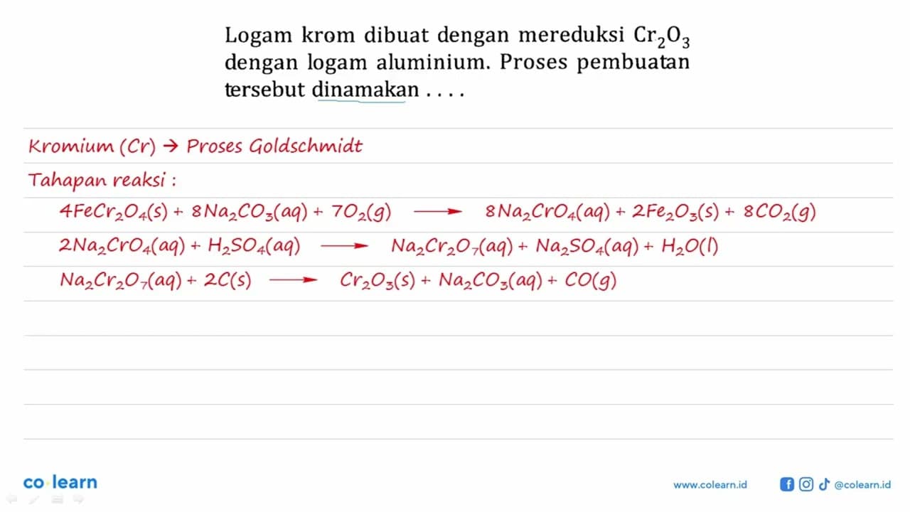 Logam krom dibuat dengan mereduksi Cr2O3 dengan logam