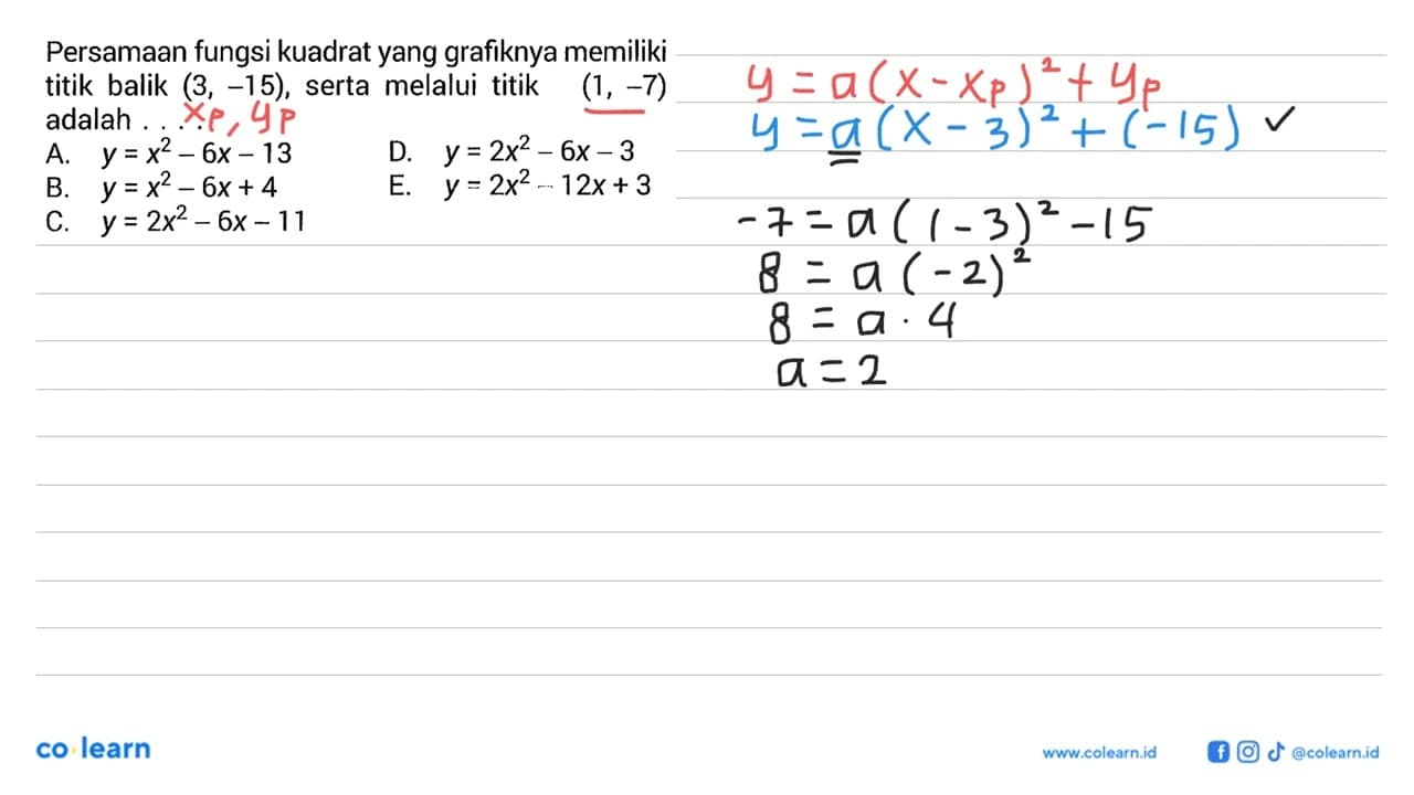 Persamaan fungsi kuadrat yang grafiknya memiliki titik