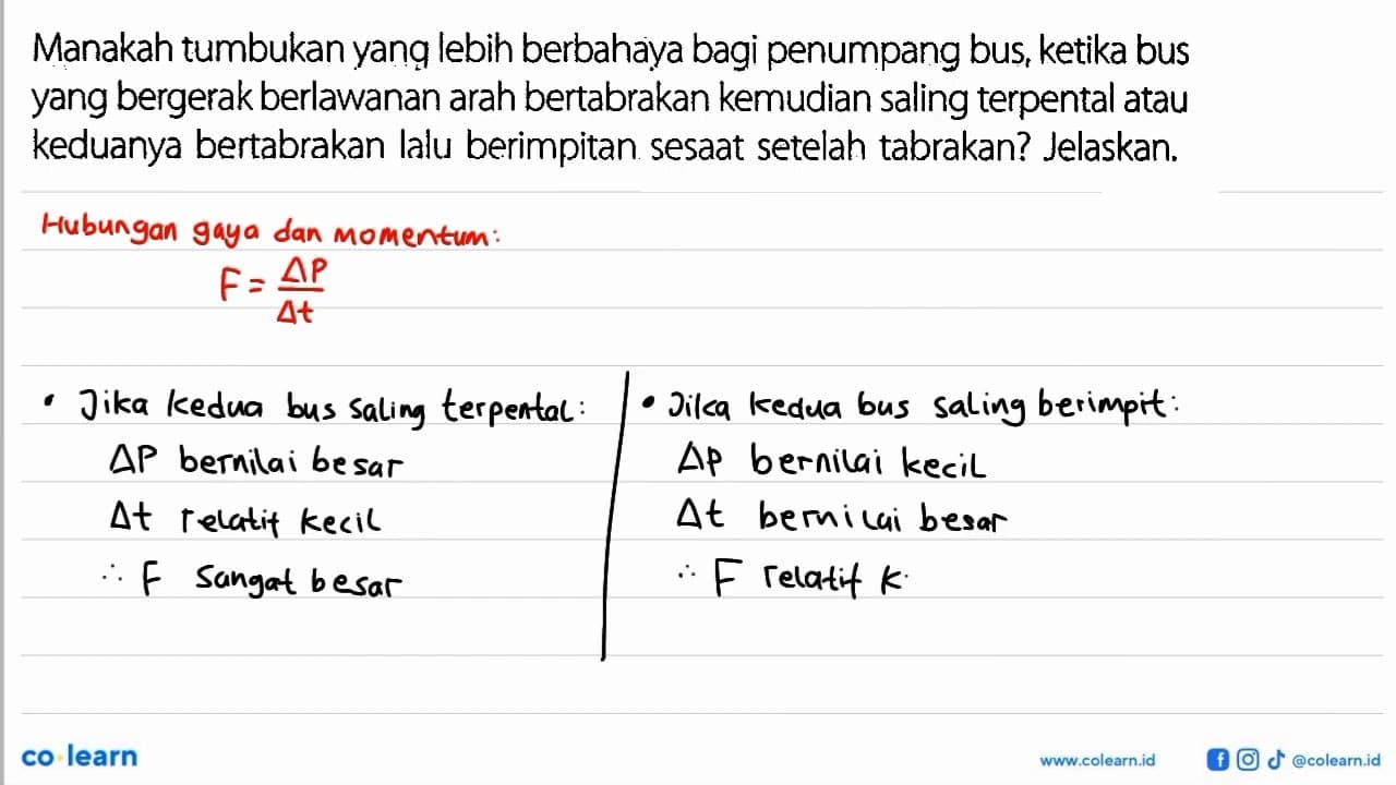 Manakah tumbukan yanq lebih berbahaya bagi penumpang bus,