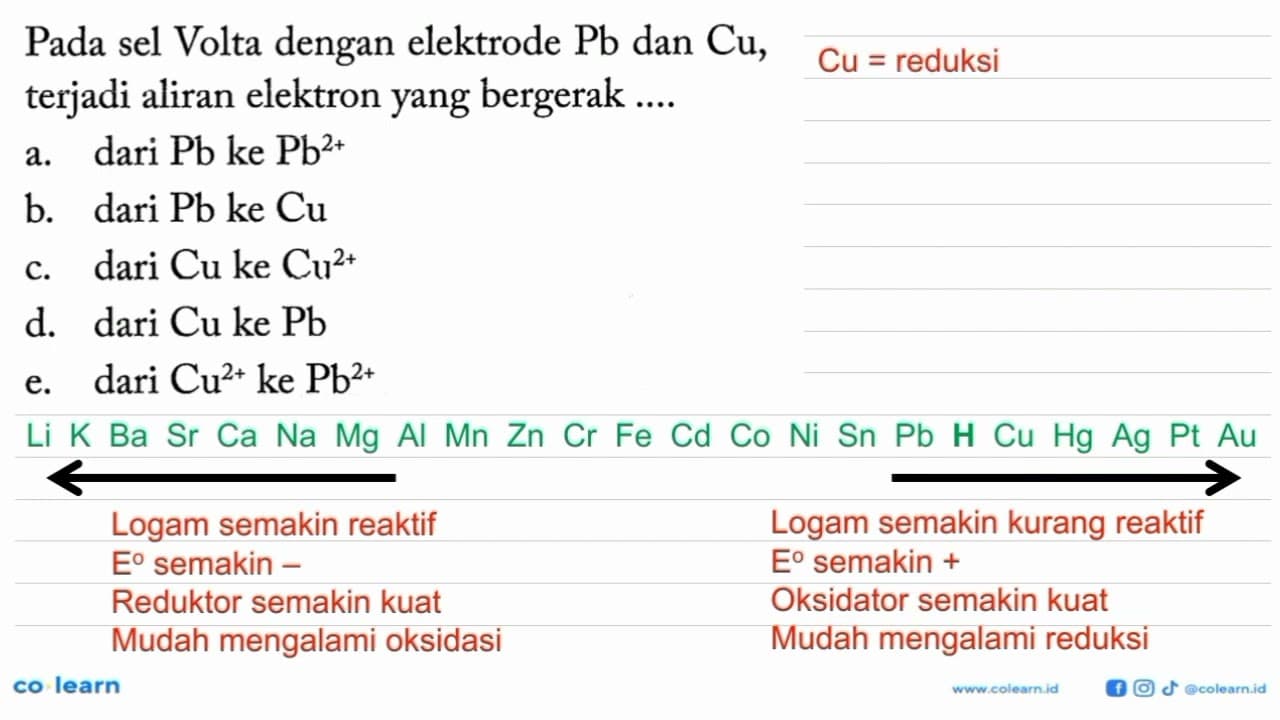 Pada sel Volta dengan elektrode Pb dan Cu, terjadi aliran