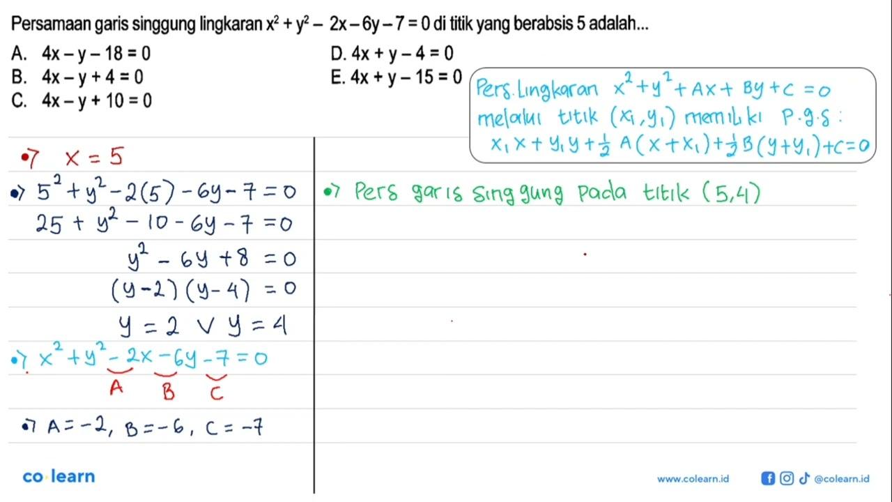 Persamaan garis singgung lingkaran x^2+y^2-2x-6y-7=0 di