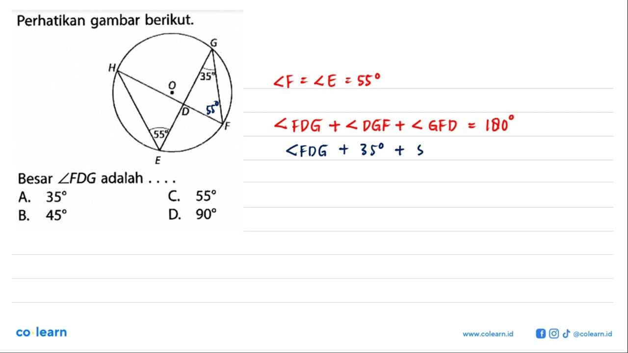 Perhatikan gambar berikut. 55 35 Besar sudut FDG adalah ...
