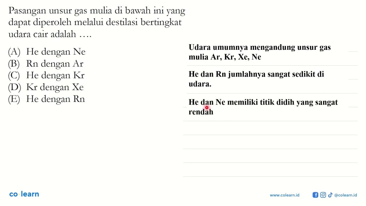 Pasangan unsur gas mulia di bawah ini yang dapat diperoleh