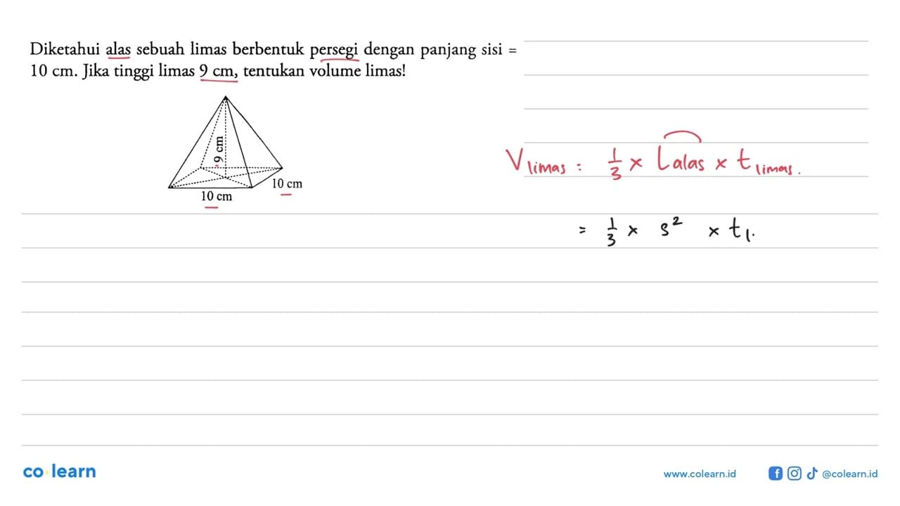 Diketahui alas sebuah limas berbentuk persegi dengan