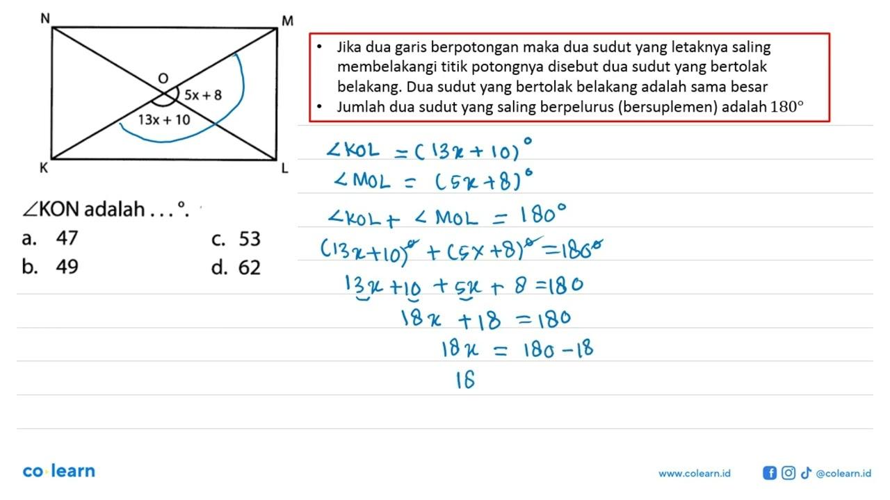 K L M N O 5x+8 13x+10 sudut KON adalah ...