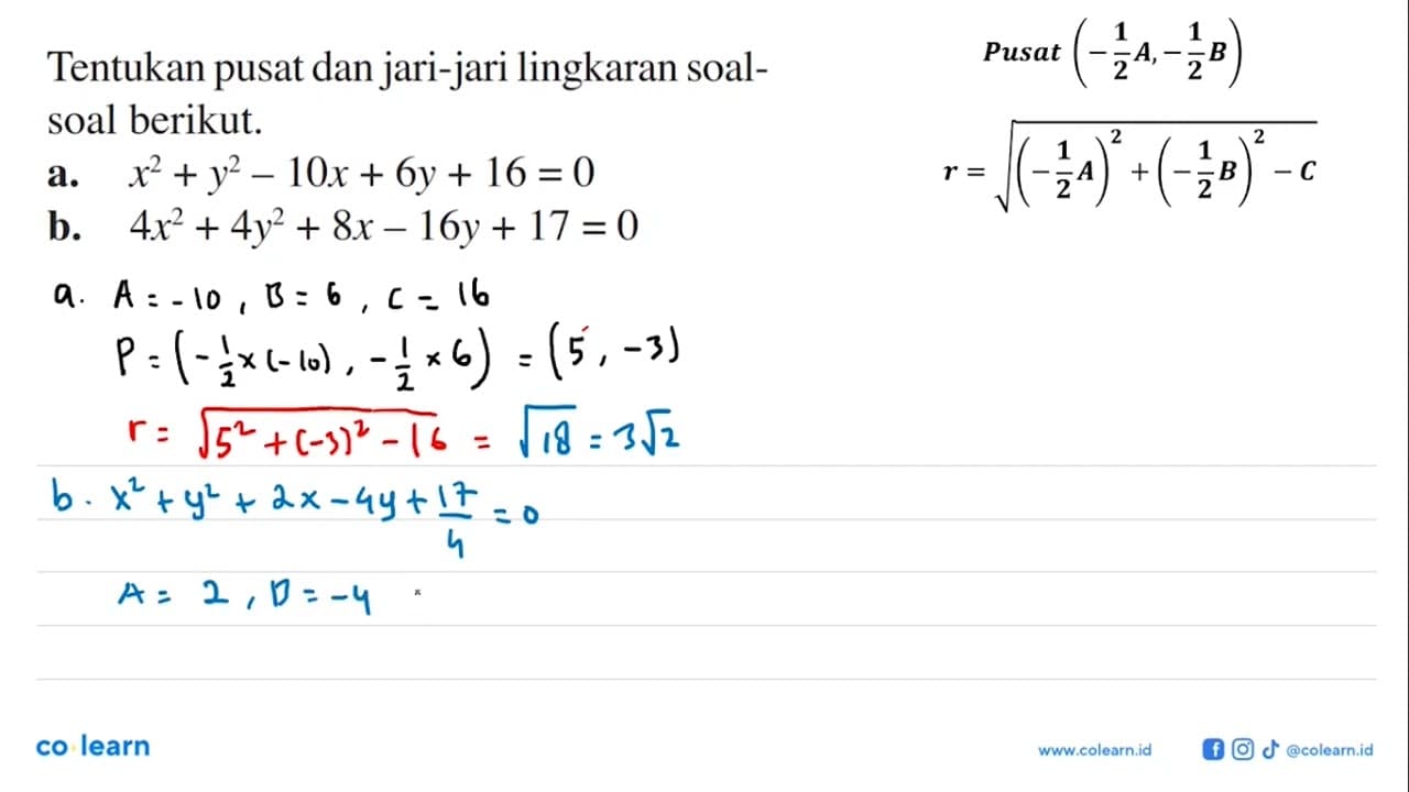 Tentukan pusat dan jari-jari lingkaran soalsoal berikut.a.