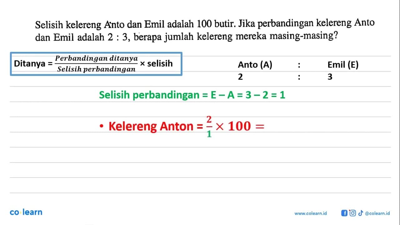 Selisih kelereng Ainto dan Emil adalah 100 butir. Jika