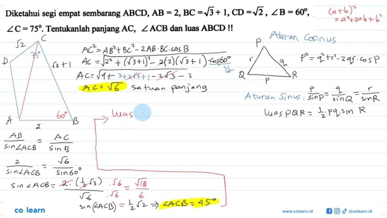 Diketahui segi empat sembarang ABCD, AB=2, BC=akar(3)+1,