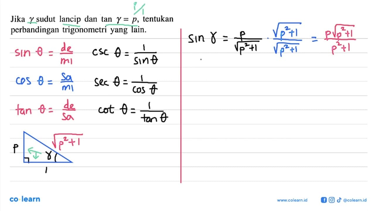 Jika gamma sudut lancip dan tan gamma=p , tentukan