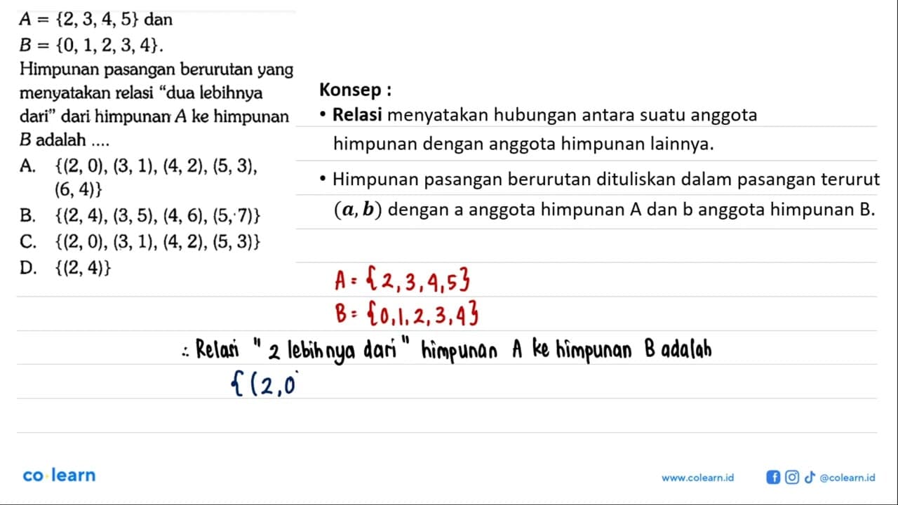 A = {2,3,4,5} dan B = {0, 1,2,3,4}. Himpunan pasangan