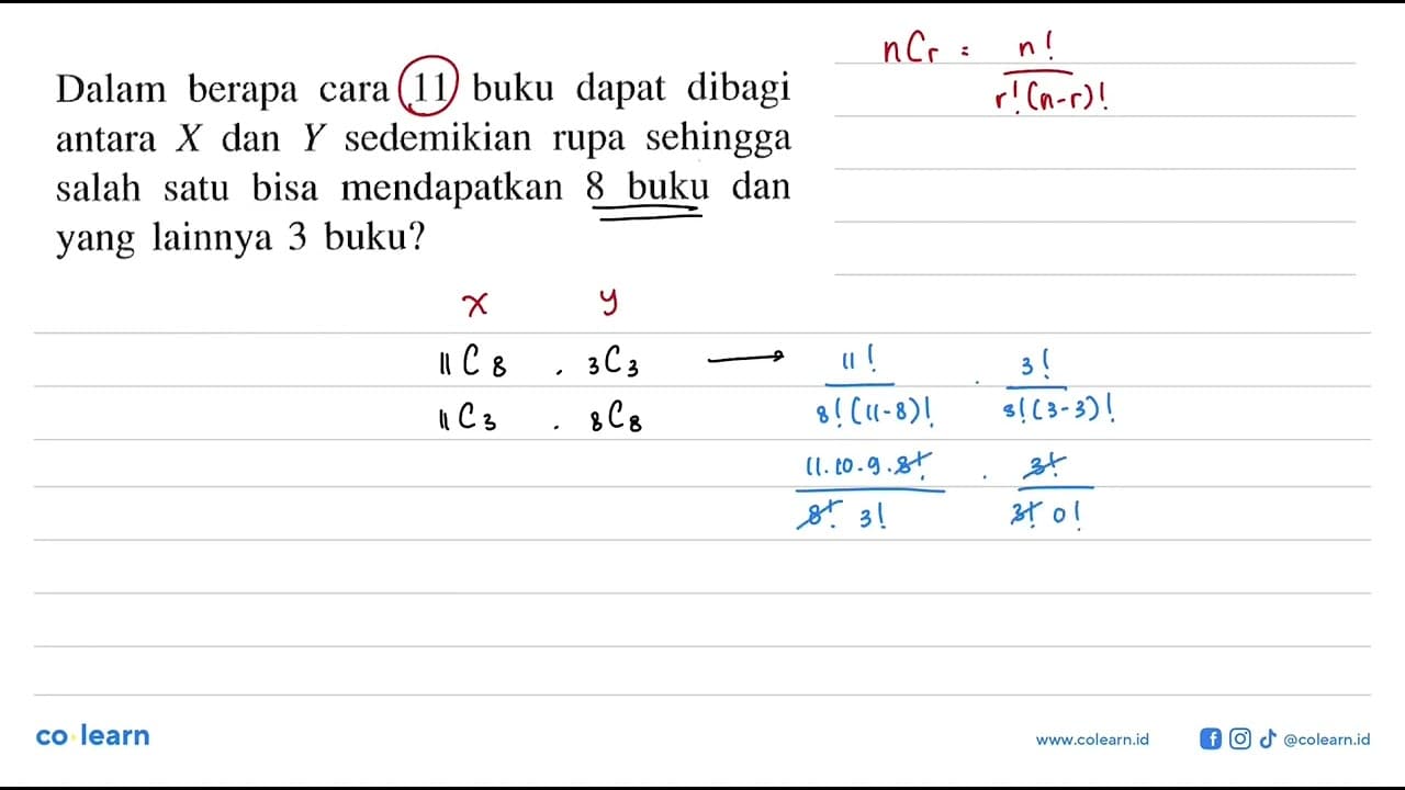 Dalam berapa cara 11 buku dapat dibagi antara X dan Y