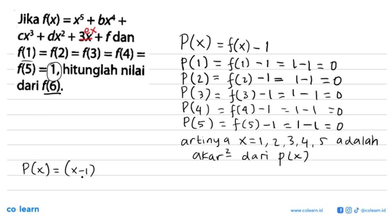 Jika f(x)=x^5+bx^4+cx^3+dx^2+3x+f dan