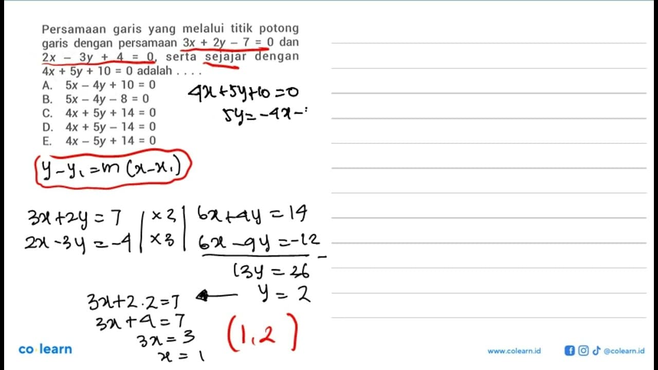 Persamaan garis yang melalui titik potong garis dengan