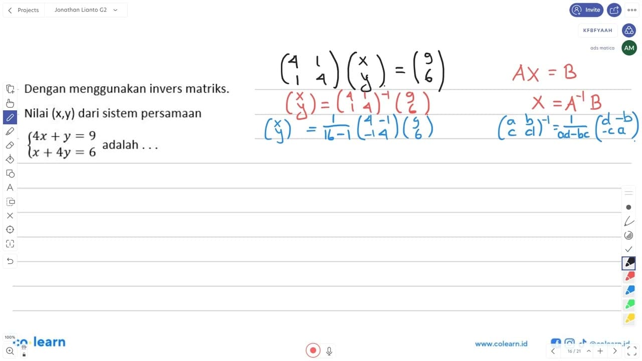 Dengan menggunakan invers matriks, nilai (x, y) dari sistem