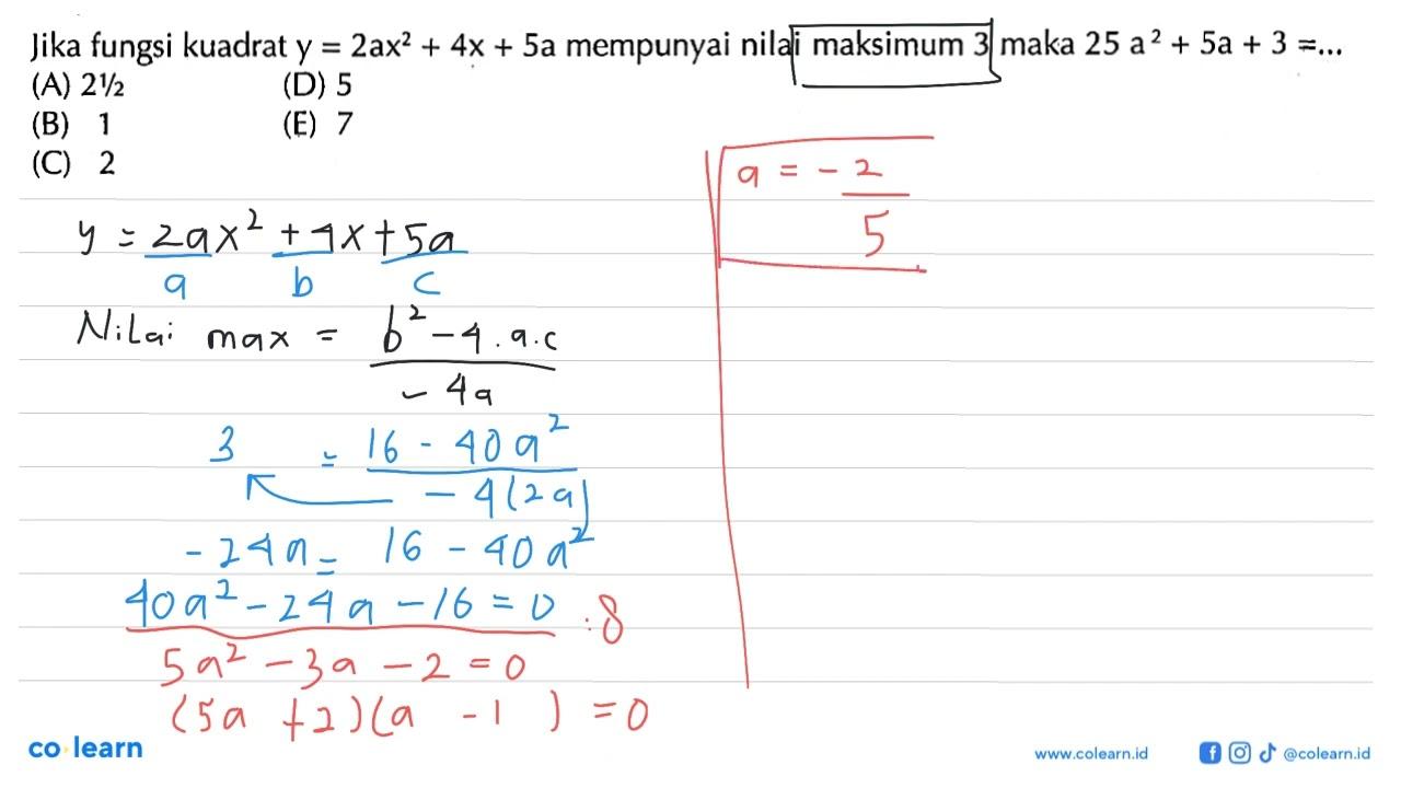 Jika fungsi kuadrat y=2ax^2+4x+5a mempunyai nilai maksimum