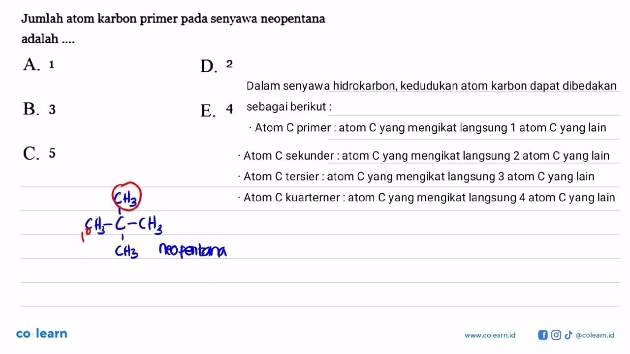 Jumlah atom karbon prima pada senyawa neopentana adalah