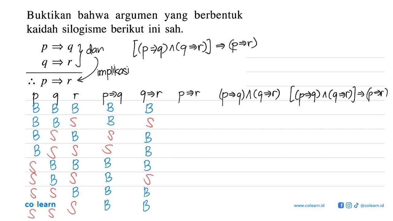 Buktikan bahwa argumen yang berbentuk kaidah silogisme