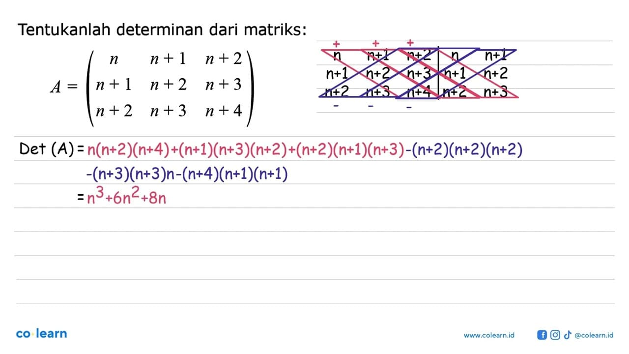 Tentukanlah determinan dari matriks: A=(n n+1 n+2 n+1 n+2