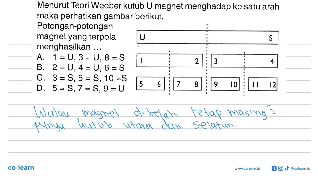 Menurut Teori Weeber kutub U magnet menghadap ke satu arah