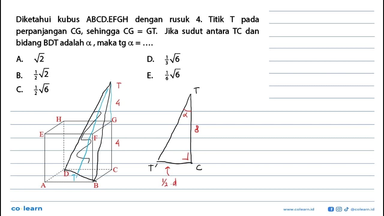 Diketahui kubus ABCD.EFGH dengan rusuk 4. Titik T pada