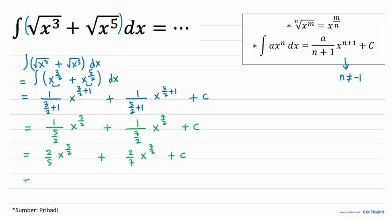 integral akar(x^3) + akar(x^5) dx=...