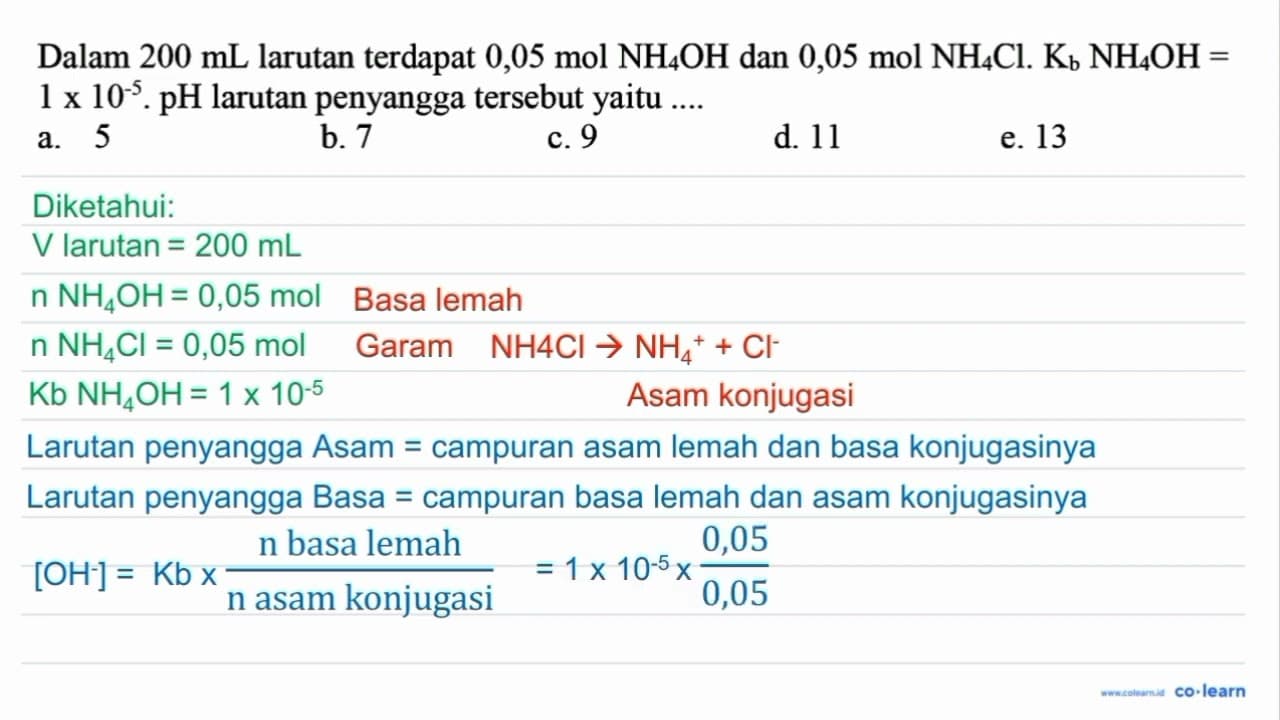 Dalam 200 mL larutan terdapat 0,05 mol NH4 OH dan 0,05 mol