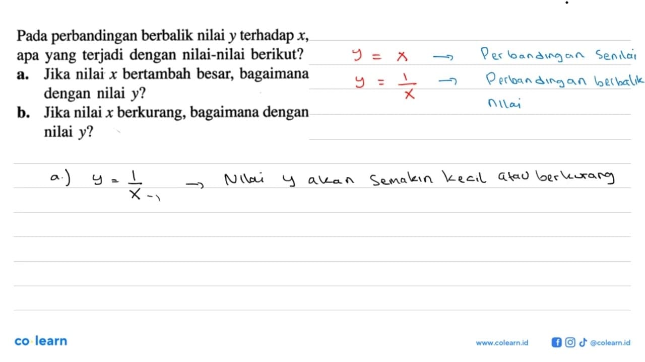 Pada perbandingan berbalik nilai y terhadap x , apa yang